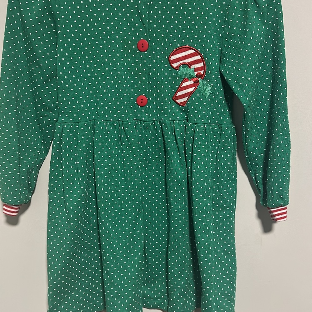 Vintage Buster Brown Green Polka Dot Dress with Candy Cane Accent